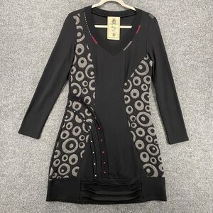 Fleur De Lis Dress Womens M Black Patchwork Shift V-Neck Long Sleeve Artsy Art